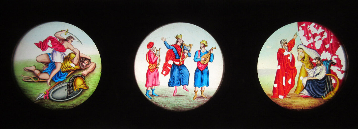 MAGIC LANTERN SLIDE. 3 HAND COLOR RELIGIOUS SCENES ON GLASS IN 3.75X14 INCH