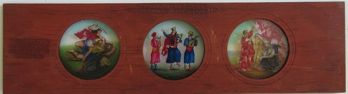 MAGIC LANTERN SLIDE. 3 HAND COLOR RELIGIOUS SCENES ON GLASS IN 3.75X14 INCH