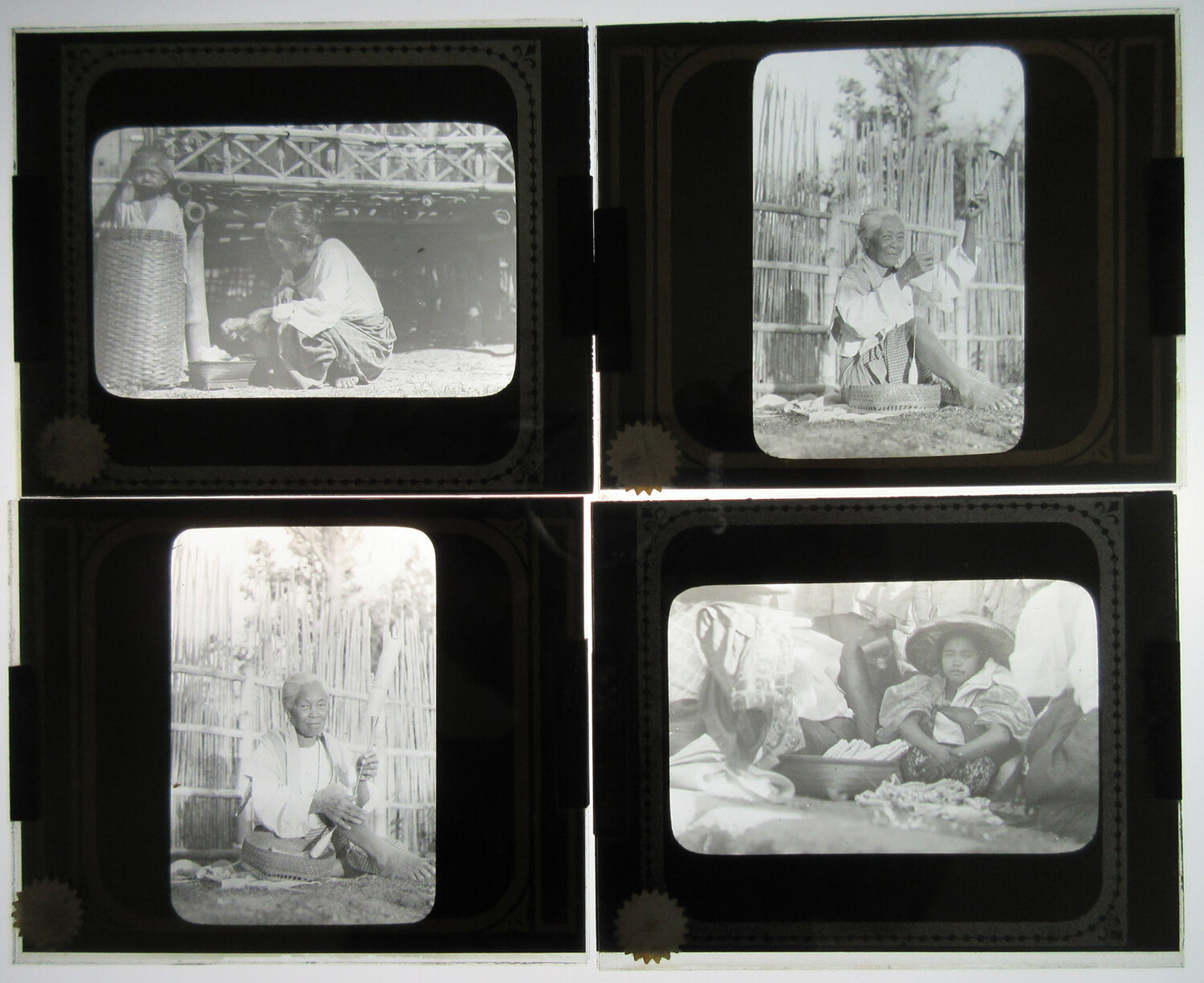LANTERN SLIDES, PHILIPPINE SCENE,SPINNING COTTON. 8 SLIDES. VINTAGE BOX.