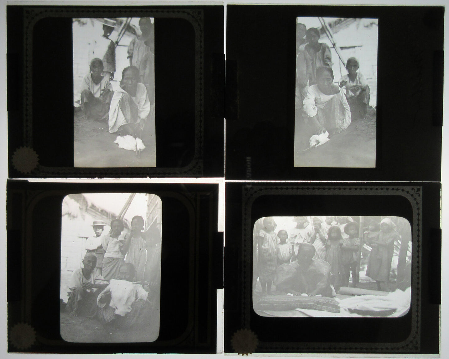 LANTERN SLIDES, PHILIPPINE SCENE,SPINNING COTTON. 8 SLIDES. VINTAGE BOX.