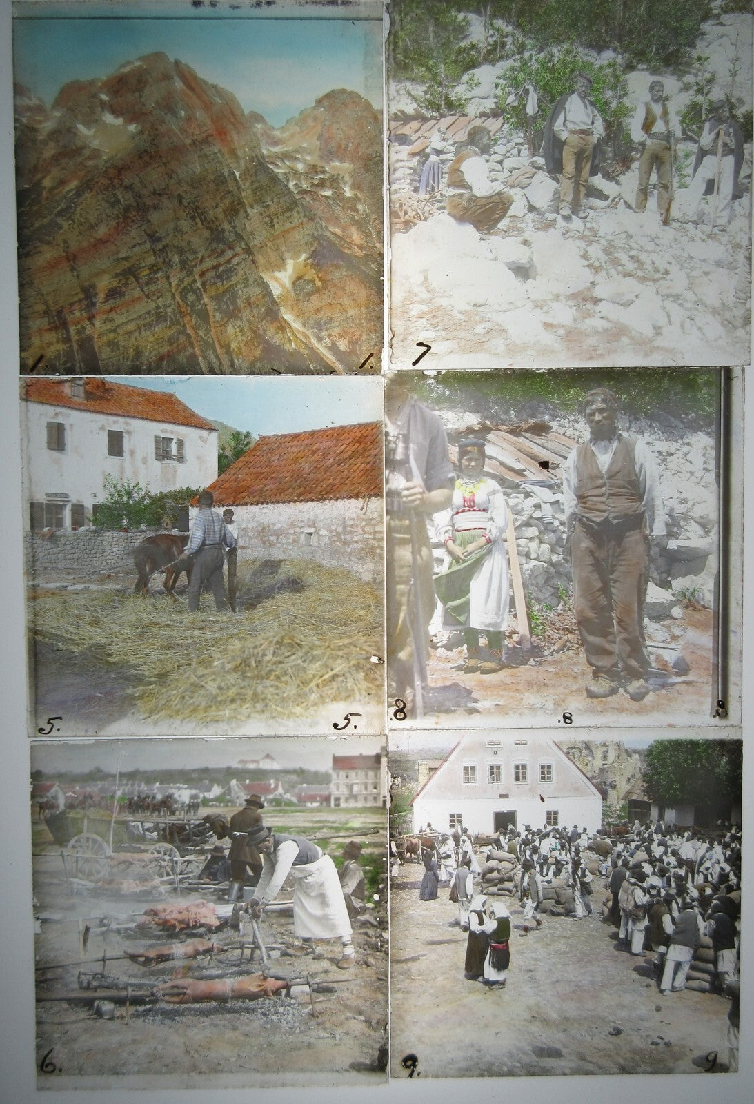 CROATIA SCENES.18 SET LANTERN SLIDES, NO SAFETY GLASS, HAND TINTED. VINTAGE BOX.