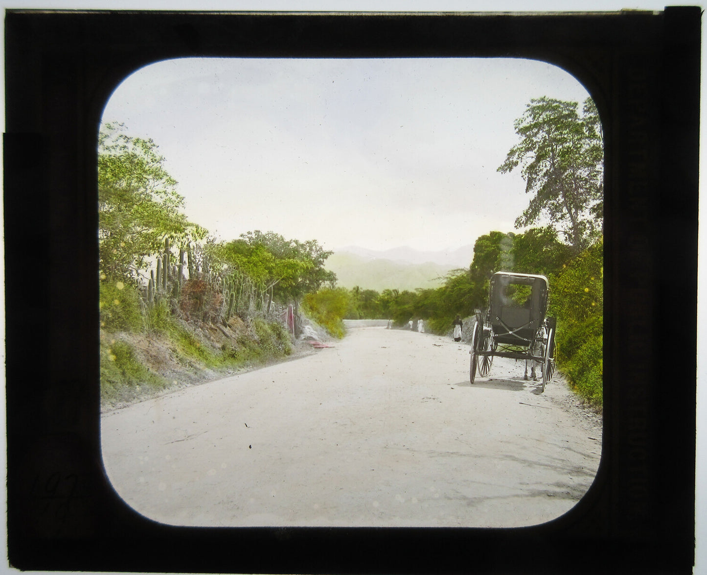 HORSE W/CARRAGE AND WOMEN WALKING ALONG ROAD. TINTED LANTERN SLIDE.