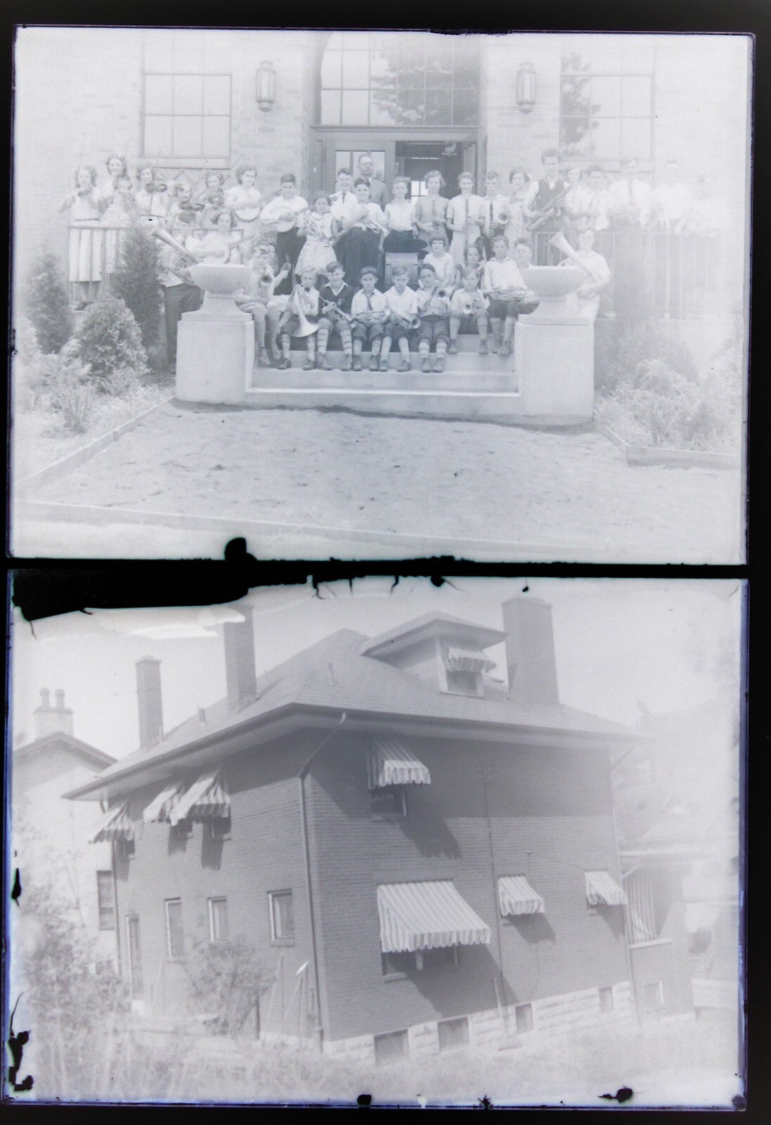 MUSIC SCHOOL, FAMILY WITH STATELY HOME. 5X7 GLASS NEGATIVE, 5 SET.