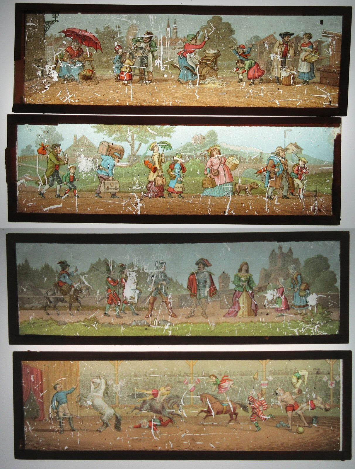 STORY SCENES, COLOR MAGIC LANTERN SLIDE. 4 SET. 3X9.5 INCH.
