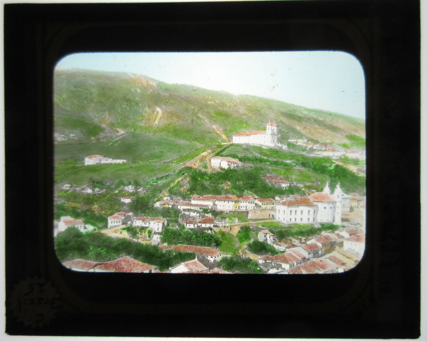 GENERAL VIEW OF OURO PRETO, BRAZIL. TINTED LANTERN SLIDE/PHOTO ON GLASS.