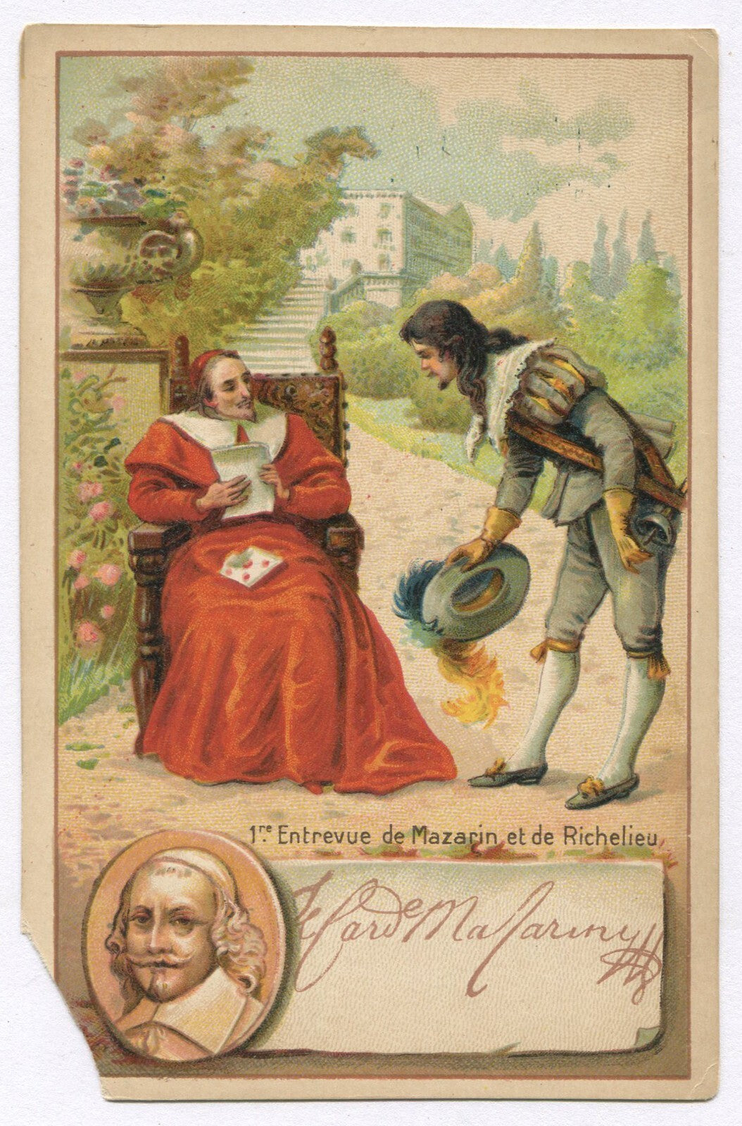 FRENCH CARD WITH COSTUMED FIGURES 1630s. LITHOGRAPH/ART WITH FRENCH TEXT ON BACK