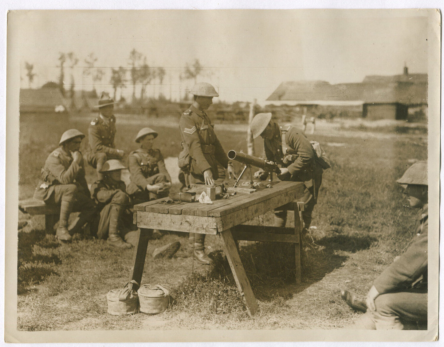 Vintage WWI Photo: New Zealand Soldiers at Machine Gun School with Lewis Gun -