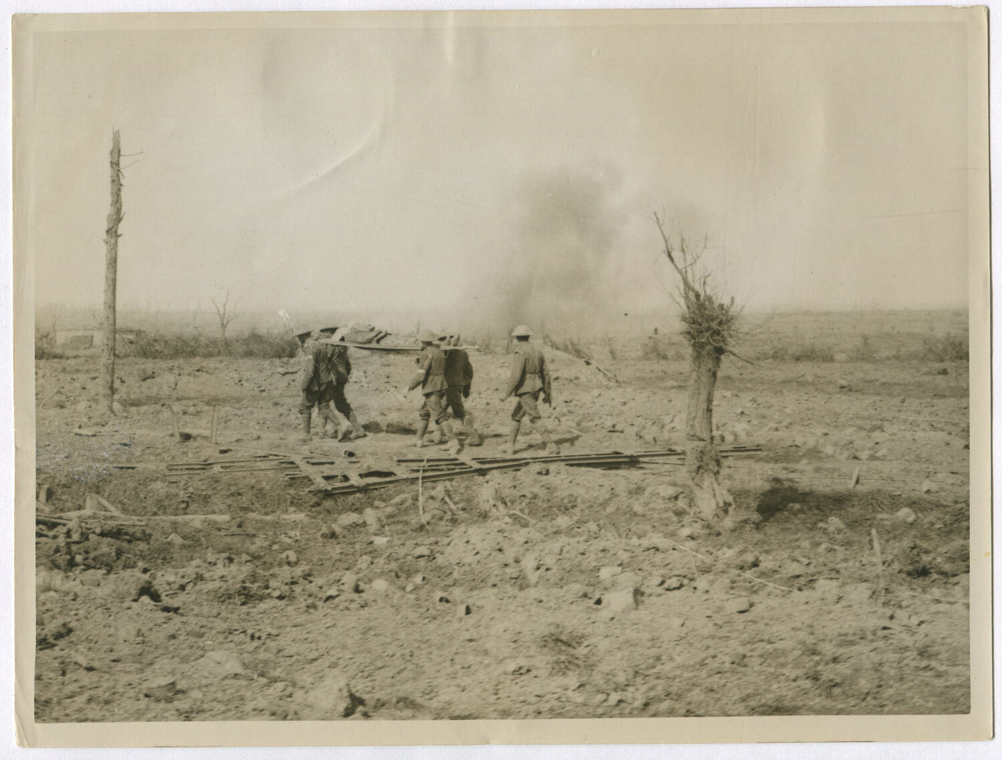 Vintage WWI 8x10 Photo Print -- British Carry Wounded on Menin Road, Western