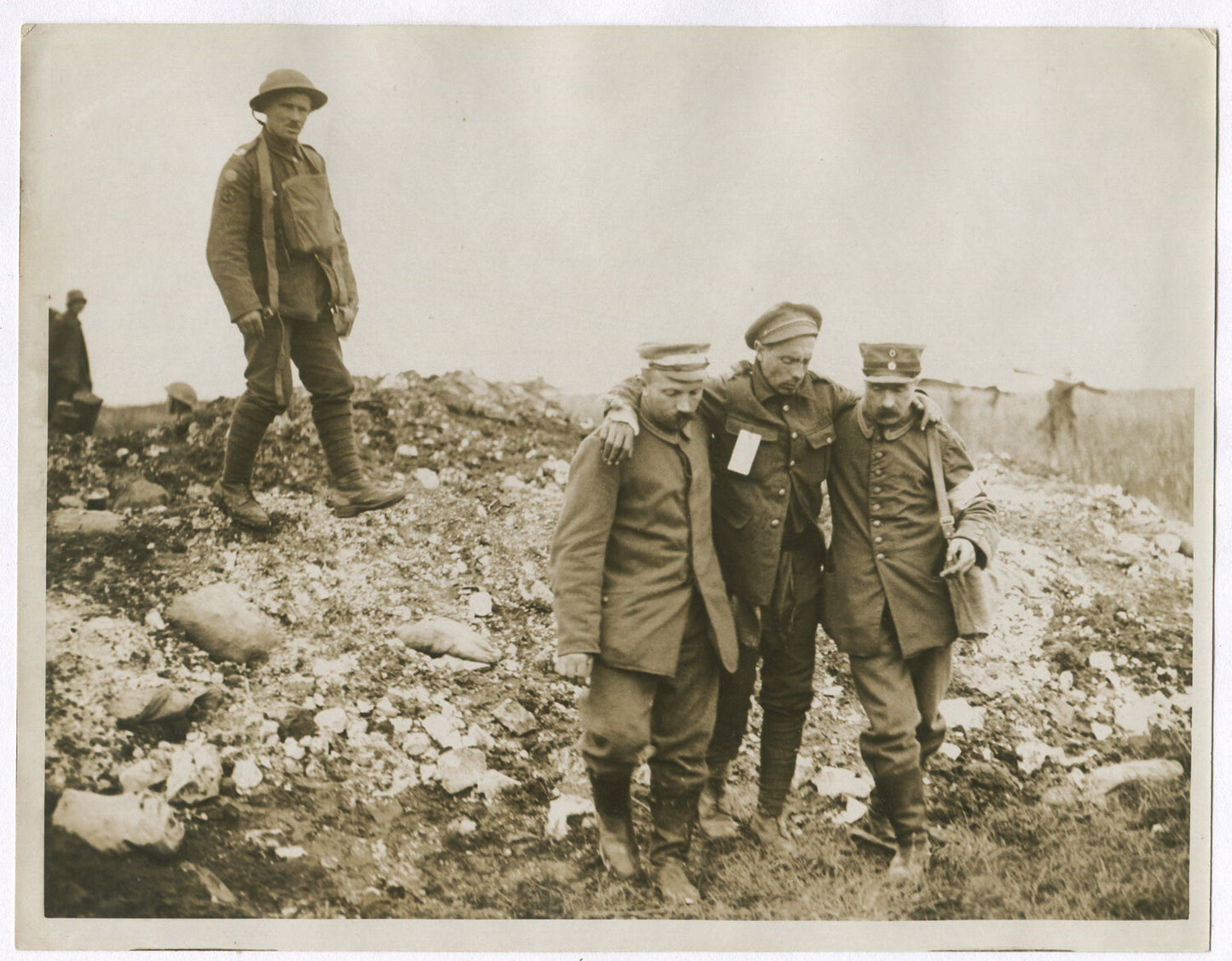 Vintage WWI Photo: Wounded British Troops & German POWs on the Western Front,