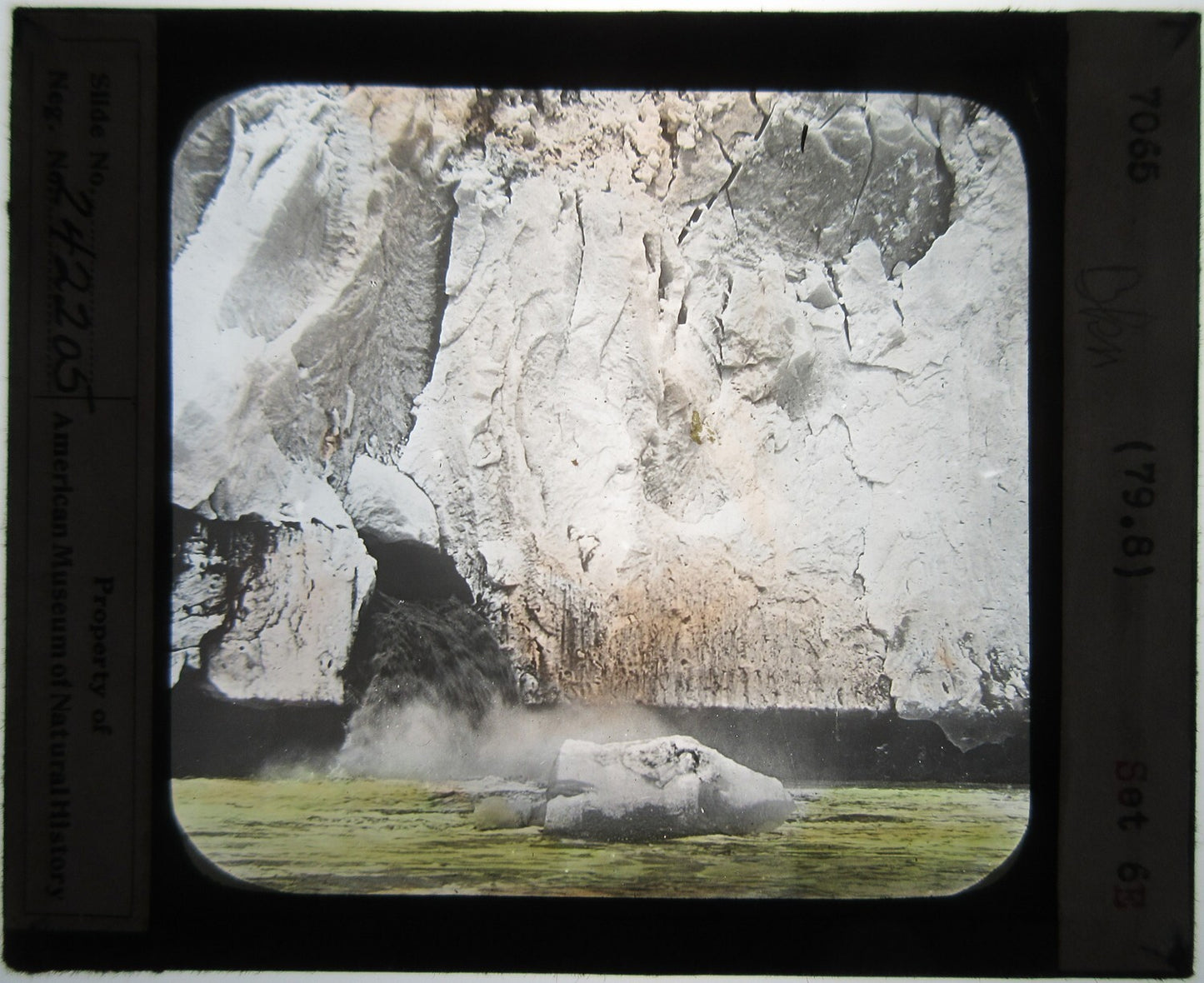 GLACIER FALLING INTO OCEAN. TINTED LANTERN SLIDE.