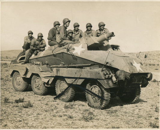 Vintage WWII military photo: U.S. troops on armored gun vehicle, 8x10 reprint