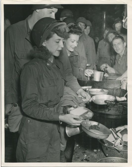 Vintage WWII Photo 8x10 Reprint - Soldiers and Guests in Mess Line, Home Front