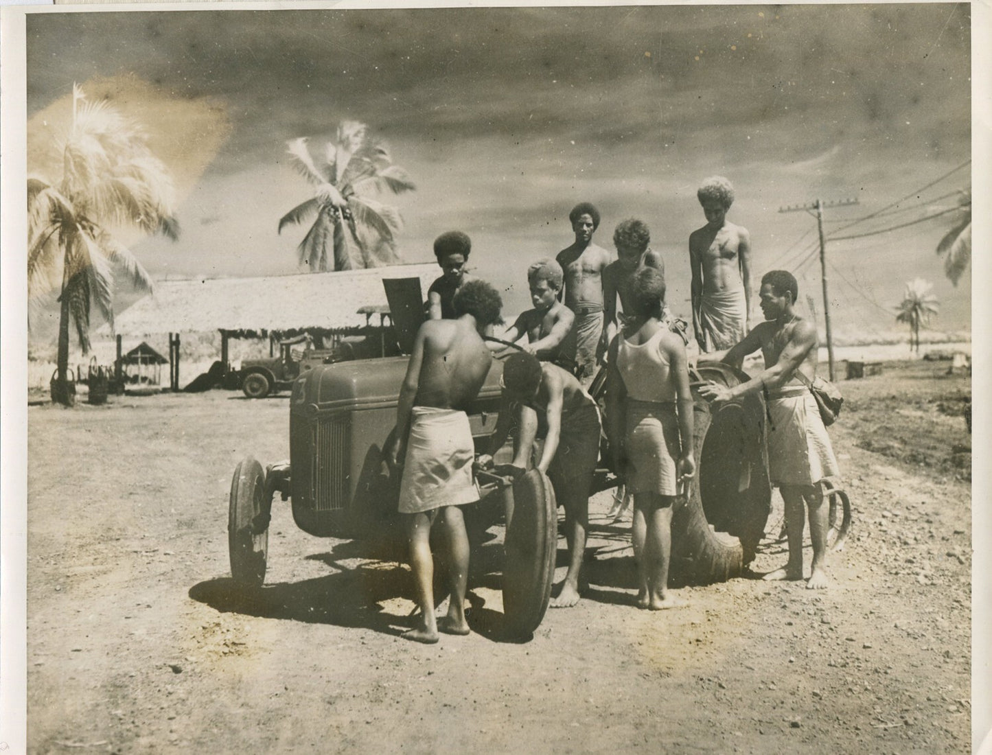 Vintage 8x10 Photo Print - South Sea Islanders Viewing a Tractor, Wall Art, Home
