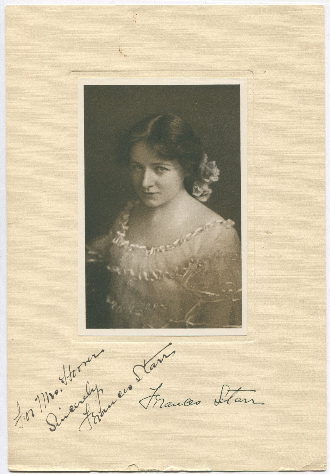 FRANCIS STARR, ACTOR, SIGNED PHOTO TO MRS HOOVER TALENT AGENT. 5.75X3.75 PHOTO.
