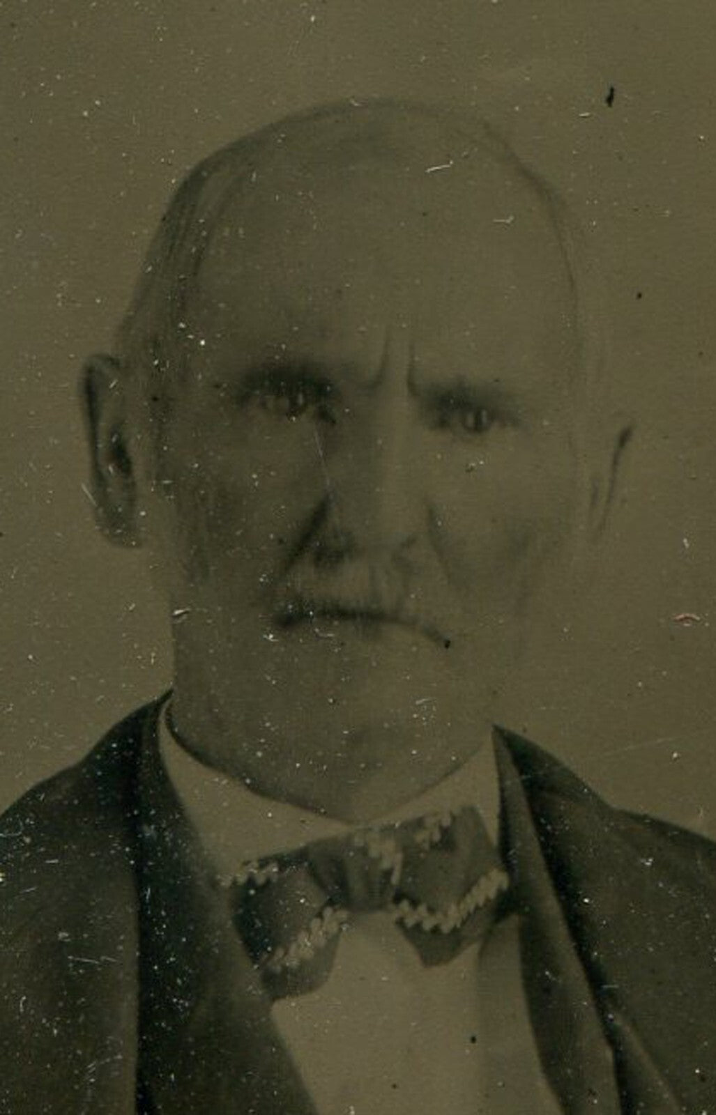 Original Tintype Photo: Old Man in Bow Tie, Period Paper Mat 4.5x2.5 in Vintage
