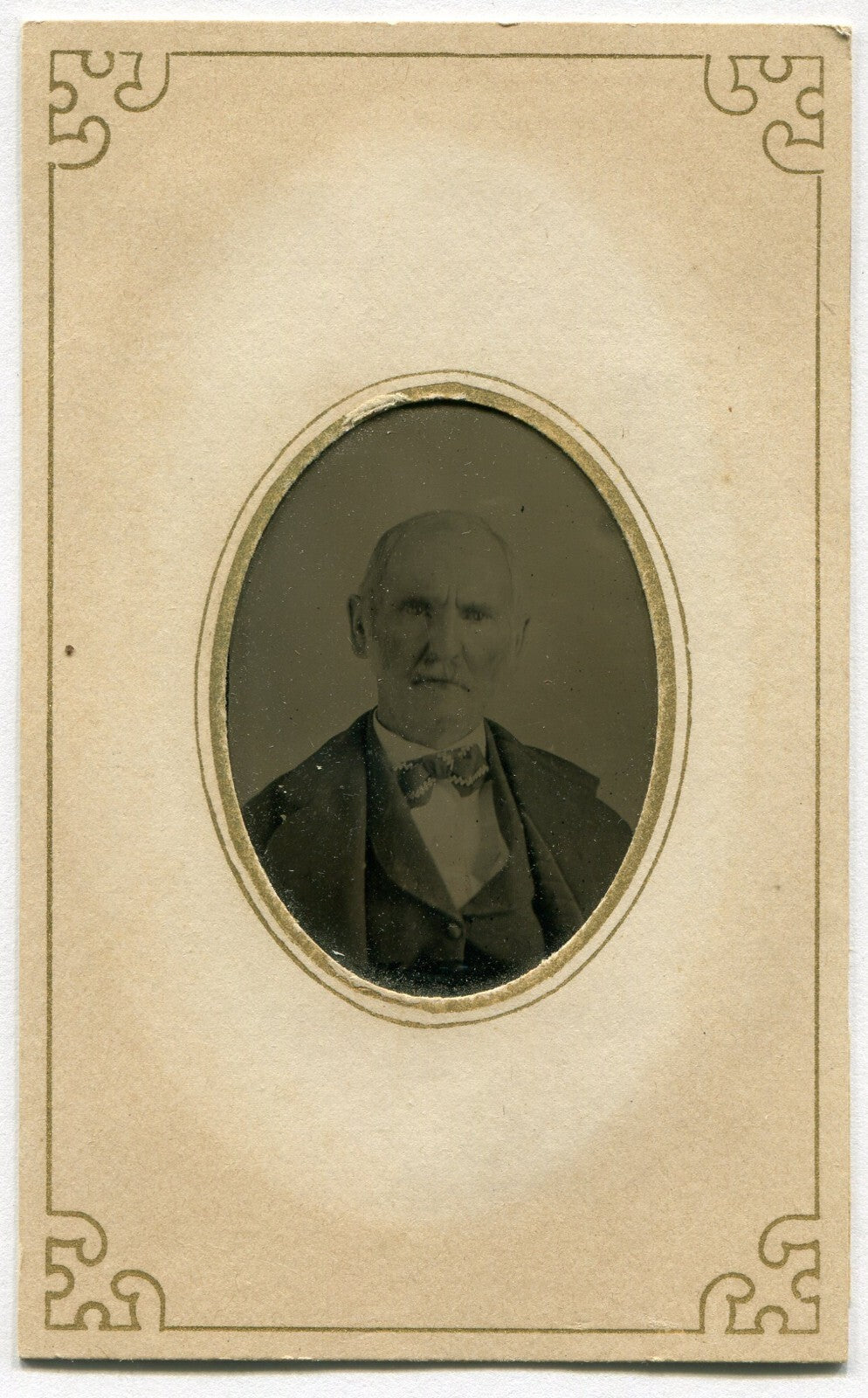 Original Tintype Photo: Old Man in Bow Tie, Period Paper Mat 4.5x2.5 in Vintage
