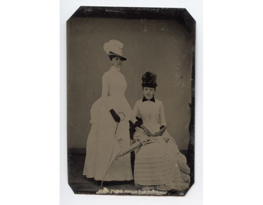 2 SISTERS IN LIGHT DRESSES W/ GLOVES, PARASOLS AND GREAT HATS TINTYPE