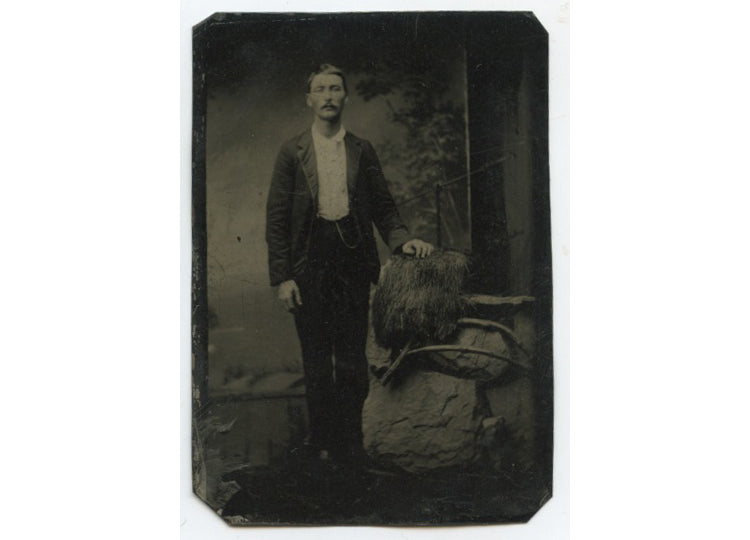 PORTRAIT OF YOUNG WELL DRESSED MAN W/ PAINTED BACKDROP TINTYPE