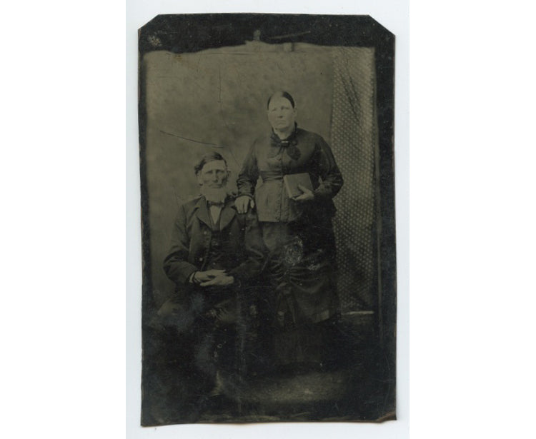 TINTYPE STUDIO PORTRAIT OF MAN W/ GREAT CHIN WHISKERS   WIFE W/ BOOK