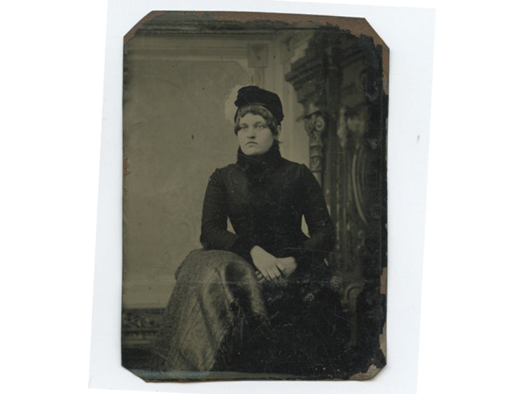 TINTYPE STUDIO PORTRAIT OF YOUNG LADY IN BEAUTIFUL BLACK COAT   HAT