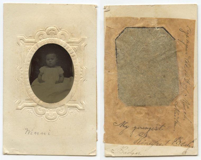 TINTYPE STUDIO PORTRAIT OF BABY IDED ON BACK WINEFRED? EVELYN BADGER