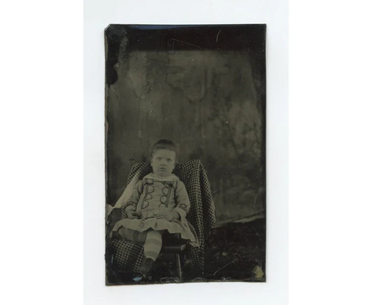 TINTYPE STUDIO PORTRAIT OF LITTLE GIRL W/ STRIPED SOCKS   CROSSED EYE