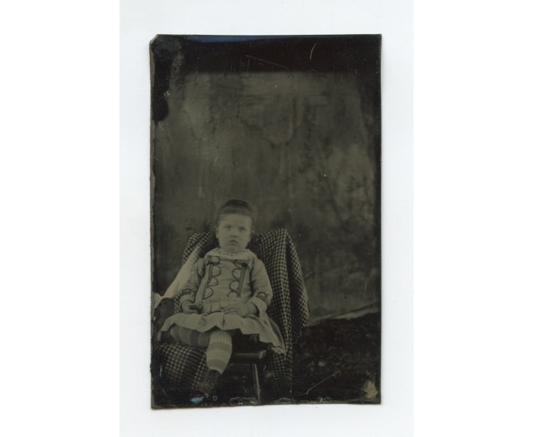 TINTYPE STUDIO PORTRAIT OF LITTLE GIRL W/ STRIPED SOCKS   CROSSED EYE