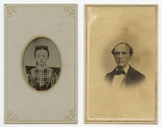 SET OF 2  STUDIO PORTRAITS - TINTYPE GIRL W/TINTED CHEEKS   CDV MAN IN SUIT