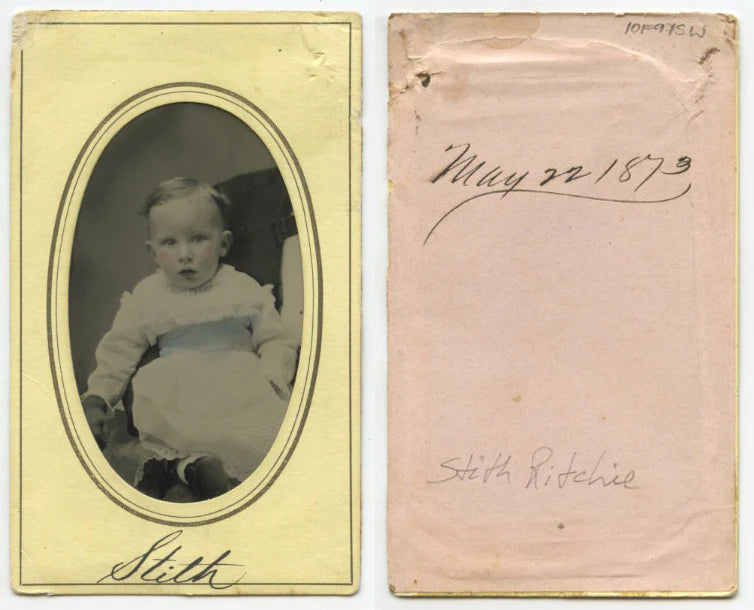 TINTYPE STUDIO PORTRAIT MAY 1873 BABY STITH RITCHIE W/ TINTED CHEEKS   BELT