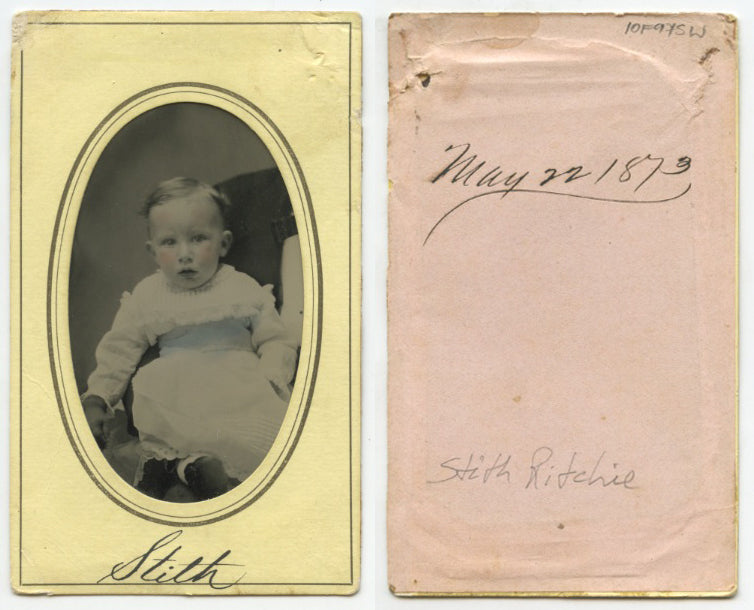 TINTYPE STUDIO PORTRAIT MAY 1873 BABY STITH RITCHIE W/ TINTED CHEEKS   BELT