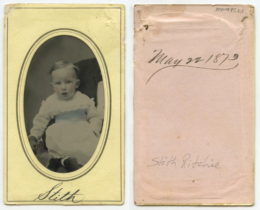 TINTYPE STUDIO PORTRAIT MAY 1873 BABY STITH RITCHIE W/ TINTED CHEEKS   BELT