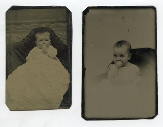 BABIES SUCKING THEIR THUMB SET OF 2 TINTYPE STUDIO PORTRAITS