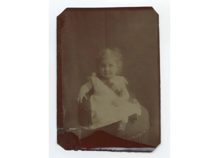 LITTLE GIRL W/ PLAID SCARF TINTYPE STUDIO PORTRAIT