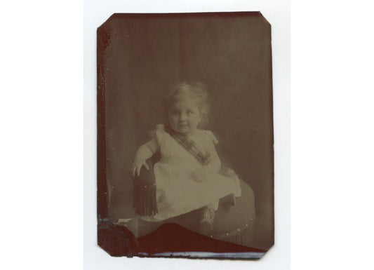 LITTLE GIRL W/ PLAID SCARF TINTYPE STUDIO PORTRAIT