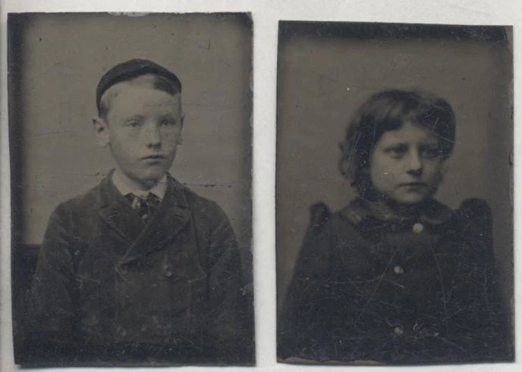 SET OF TWO MINIATURE TINTYPES PORTRAITS OF BROTHER AND SISTER