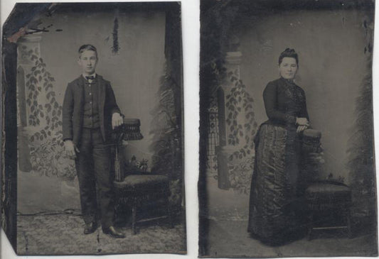 SET OF TWO TINTYPE PORTRAITS OF MOTHER AND SON W/ MATCHING BACKGROUNDS