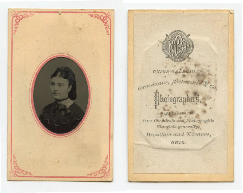 TINTYPE PORTRAIT, LADY FROM NAVARRE?, OH, GRAPHIC ON BACK, 1/16 PLATE
