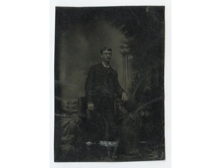 TINTYPE STUDIO PORTRAIT WELL-DRESSED MAN, PAINTED BACKGROUND, PLANTS?, 1/6 PLATE