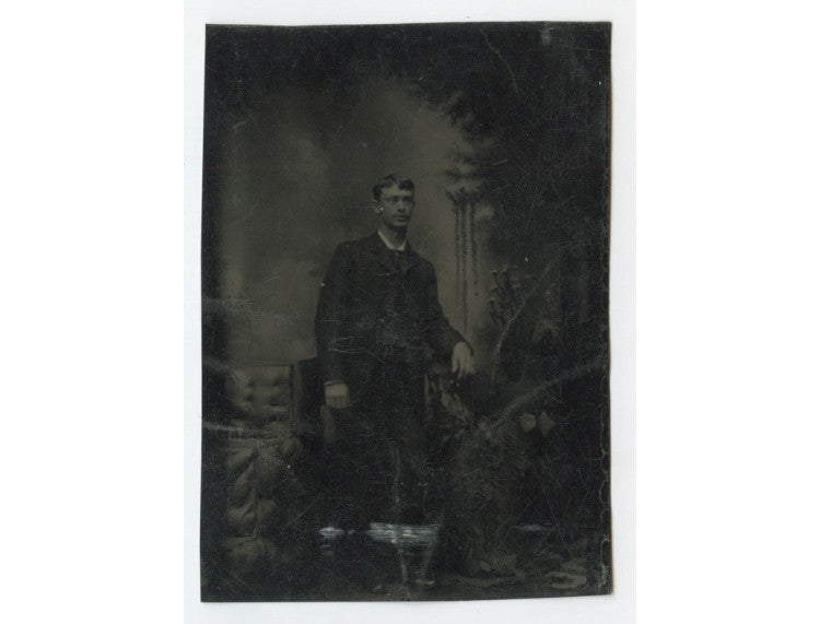 TINTYPE STUDIO PORTRAIT WELL-DRESSED MAN, PAINTED BACKGROUND, PLANTS?, 1/6 PLATE