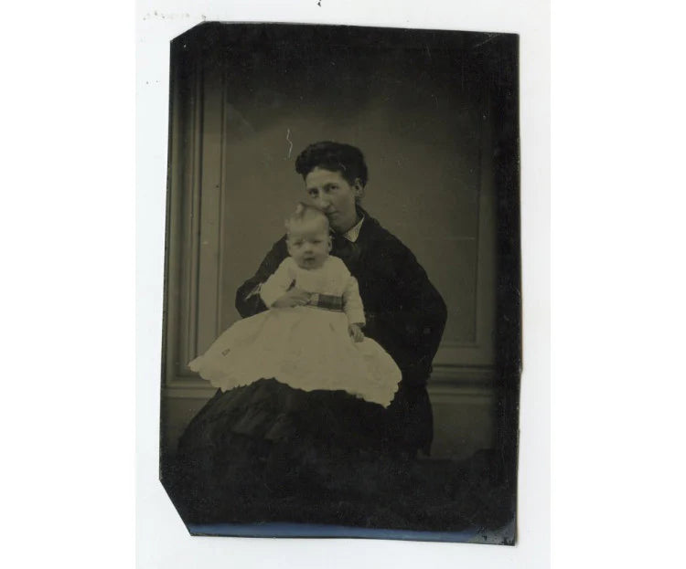 TINTYPE STUDIO PORTRAIT MOTHER + CUTE BABY BOY? W/ PLAID BELT, 1/6 PLATE