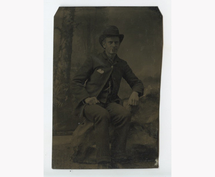 MAN W/ CIGARETTE? + PAINTED BACKGROUND, TINTYPE STUDIO PORTRAIT 6TH PLATE
