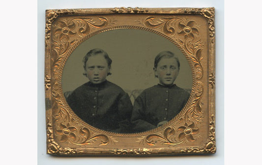 2 BROTHERS, TINTED CHEEKS + MATCHING SHIRTS, OVAL TINTYPE 1/6 PLATE