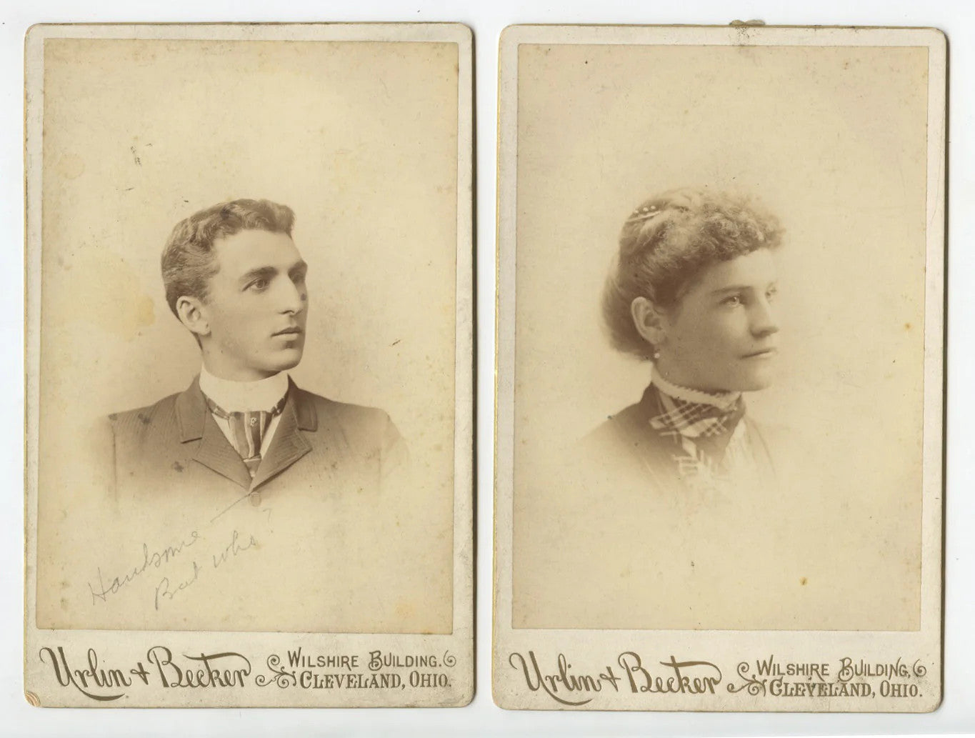 SET OF 2 CAB CARD PORTRAITS MAN + LADY FROM CLEVELAND, OH, GRAPHIC BACK