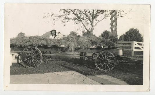 1943 AFRICAN AMERICAN NANNY + WHITE BABY WAGON/HAY OUTDOOR SNAP SHOT PHOTO