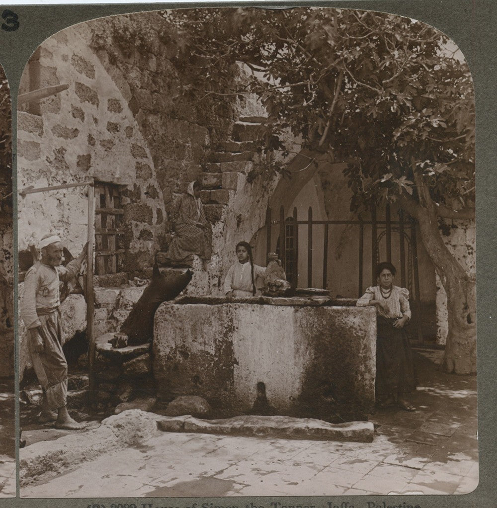 BEAUTIFUL PALESTINE HOUSE EXTERIOR, FAMILY IN FOREGROUND, VINTAGE STEREOVIEW