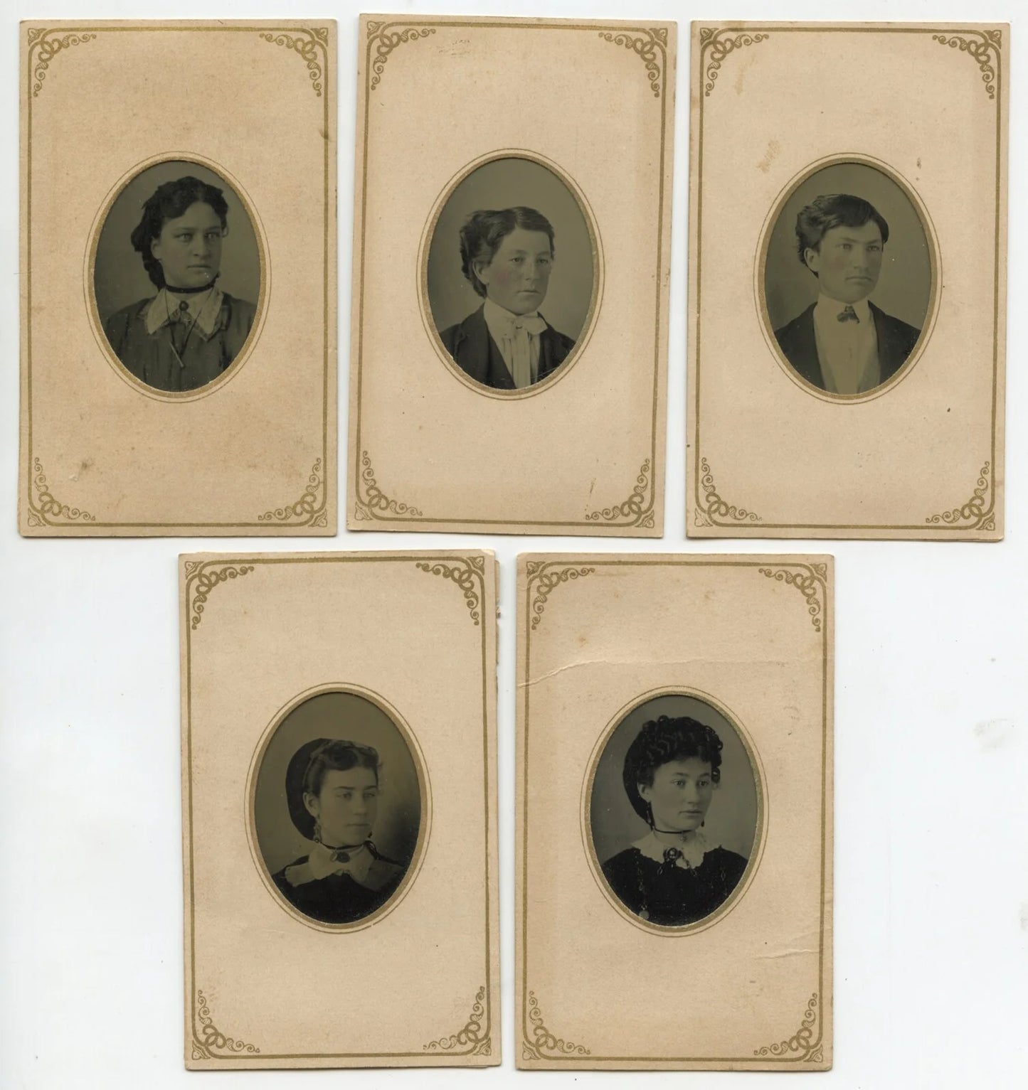 LADIES IN OVAL MATS, 1/9 PLATE TINTYPES, SET OF 5