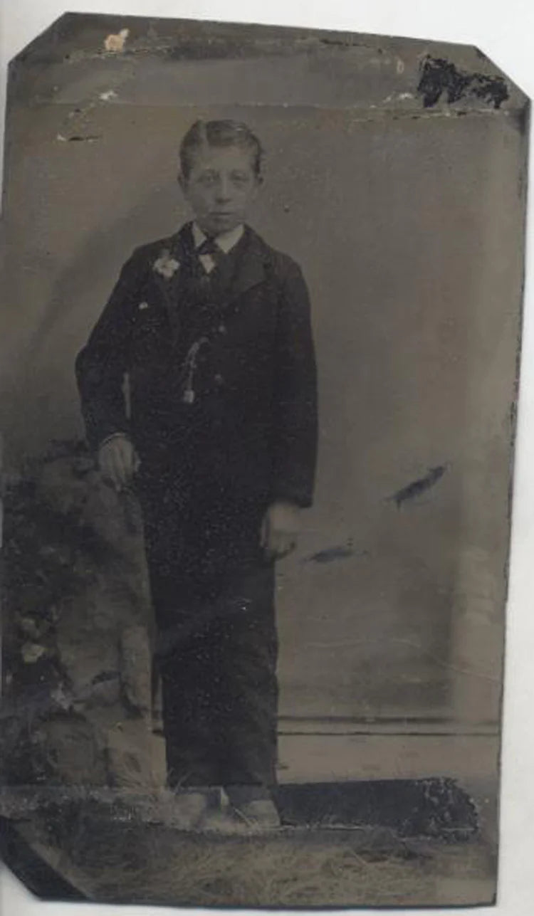 TINTYPE PORTRAIT OF WELL-DRESSED YOUNG BOY W/ FLOWER ON LAPEL