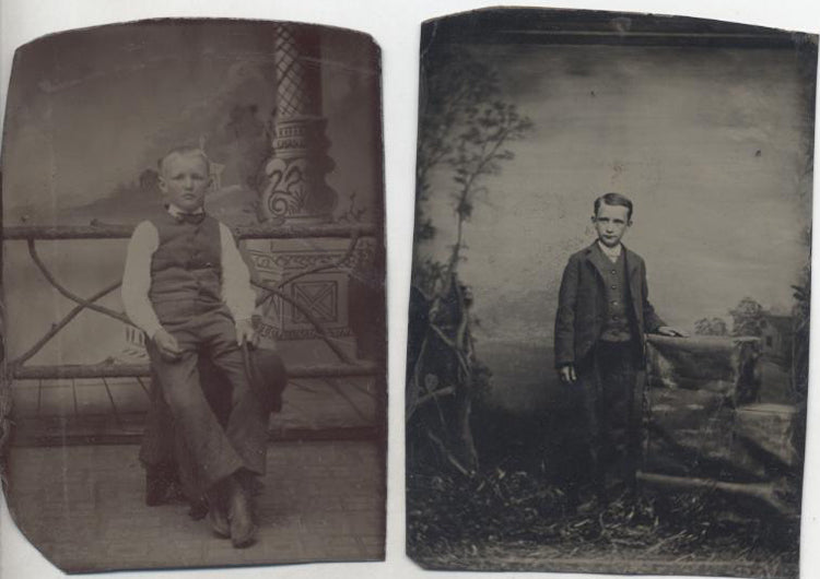 SET OF TWO TINTYPE PORTRAITS OF WELL-DRESSED YOUNG MEN W/ PAINTED BACKDROPS