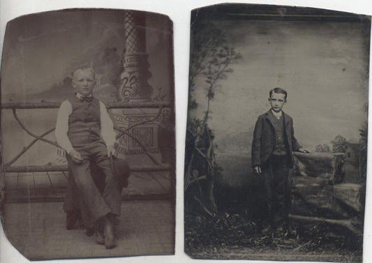 SET OF TWO TINTYPE PORTRAITS OF WELL-DRESSED YOUNG MEN W/ PAINTED BACKDROPS