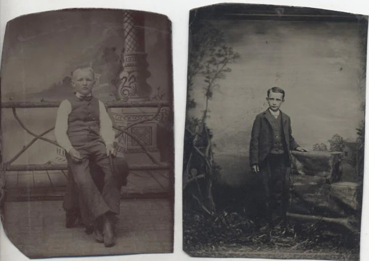 SET OF TWO TINTYPE PORTRAITS OF WELL-DRESSED YOUNG MEN W/ PAINTED BACKDROPS